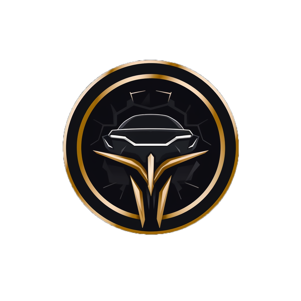 Een foto van logo Blitz die goud zwart is met een auto