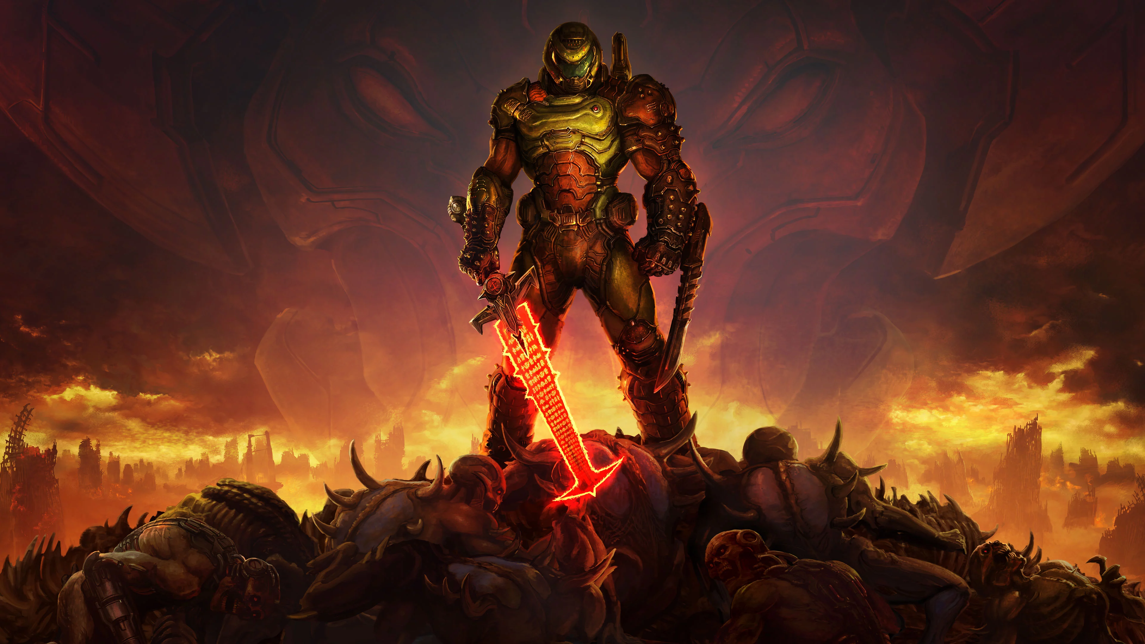 Grote doomslayer met menacing aura